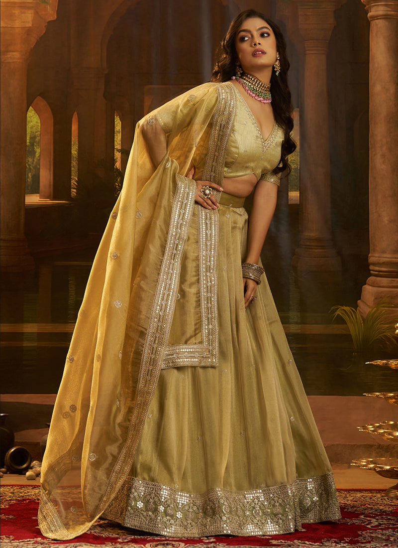 Crepe Champagne Gold Party Wear Zari Sequins Work Lehenga Choli 388598