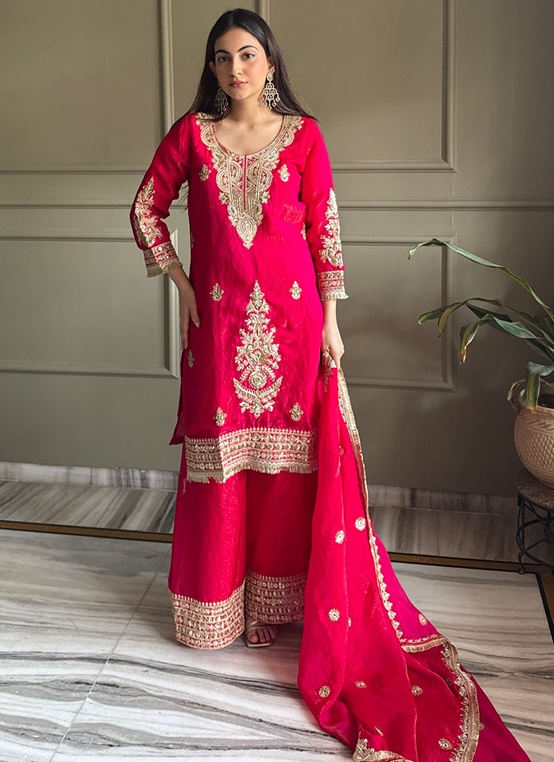 Cherry  Fendy Satin Embroidery Work Occasional Wear Readymade Plazzo Suit SW764279