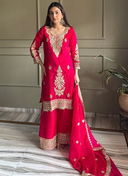 Cherry  Fendy Satin Embroidery Work Occasional Wear Readymade Plazzo Suit SW764279