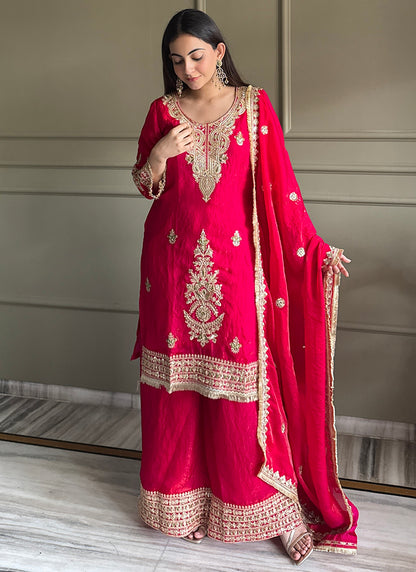 Cherry  Fendy Satin Embroidery Work Occasional Wear Readymade Plazzo Suit SW764279