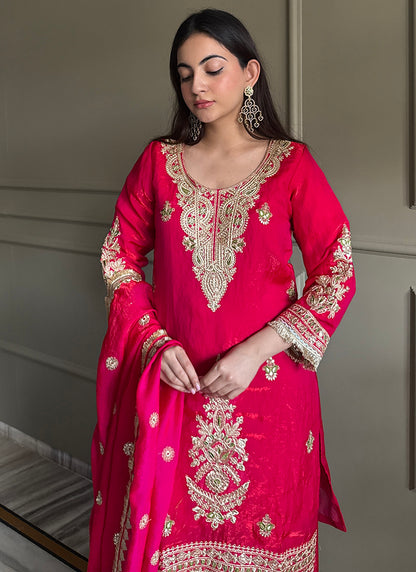 Cherry  Fendy Satin Embroidery Work Occasional Wear Readymade Plazzo Suit SW764279