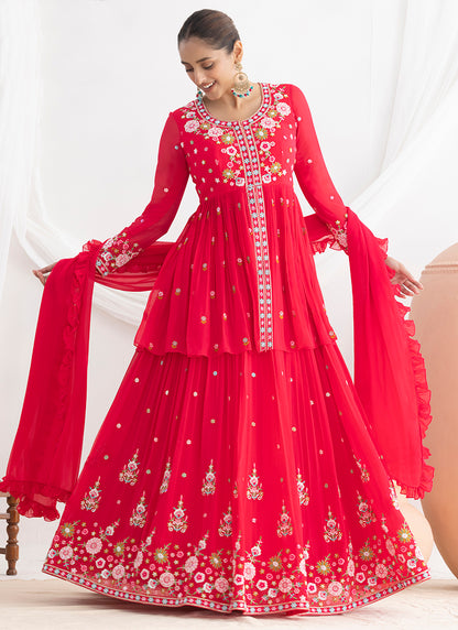 Cherry Georgette Beads Work Wedding Wear Readymade Plazzo Suit SW270981