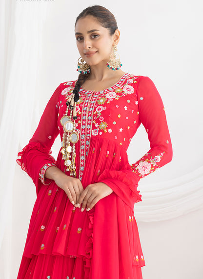 Cherry Georgette Beads Work Wedding Wear Readymade Plazzo Suit SW270981