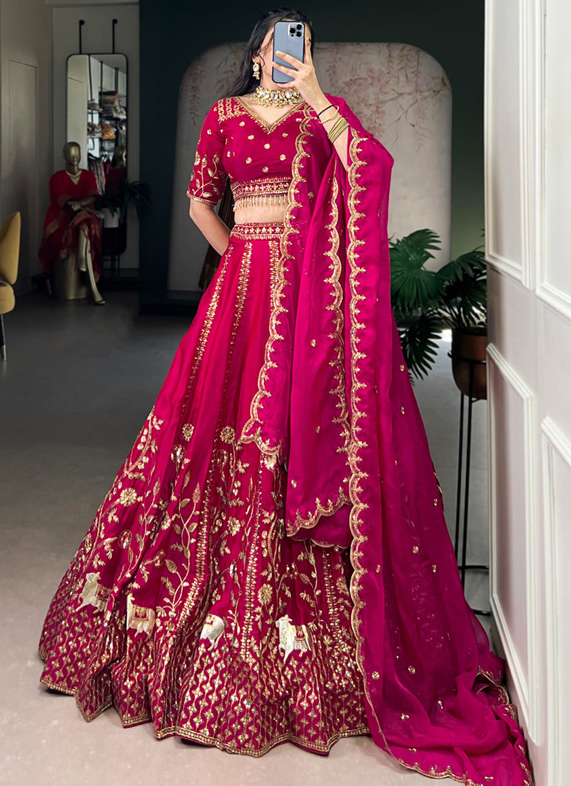 Natural Silk Cherry Bridal Wear Thread Embroidery Work Bridal Lehenga Choli 388390
