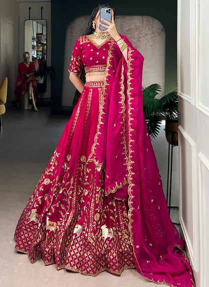 Natural Silk Cherry Bridal Wear Thread Embroidery Work Bridal Lehenga Choli 388390