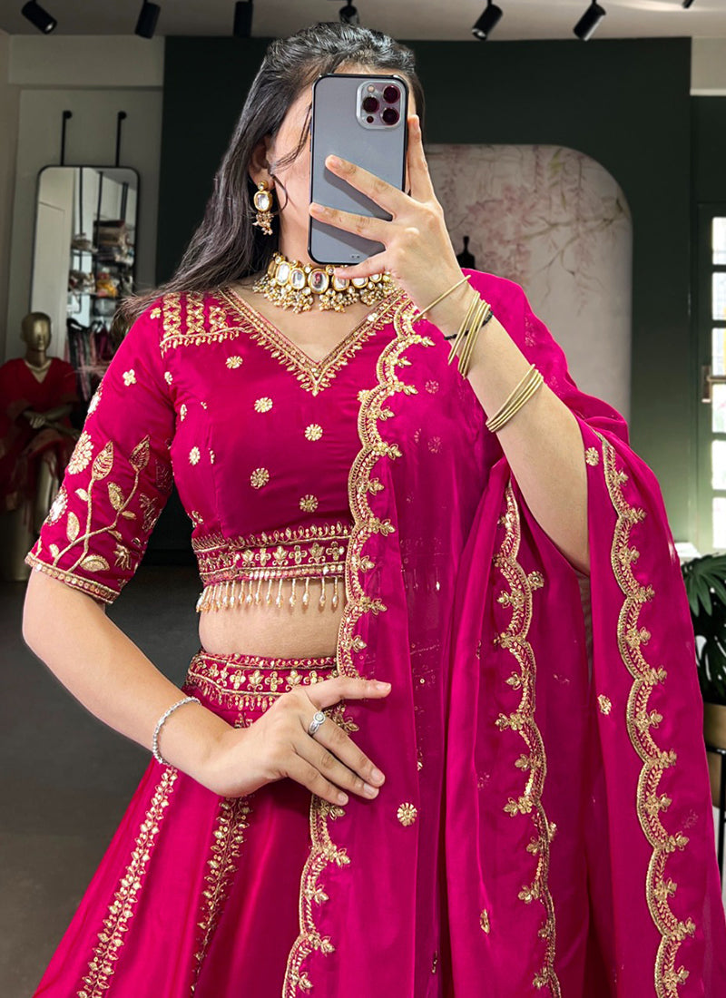 Natural Silk Cherry Bridal Wear Thread Embroidery Work Bridal Lehenga Choli 388390