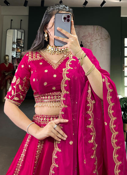 Natural Silk Cherry Bridal Wear Thread Embroidery Work Bridal Lehenga Choli 388390