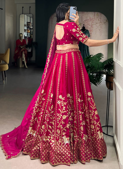 Natural Silk Cherry Bridal Wear Thread Embroidery Work Bridal Lehenga Choli 388390