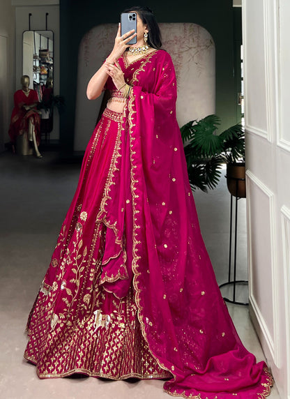 Natural Silk Cherry Bridal Wear Thread Embroidery Work Bridal Lehenga Choli 388390