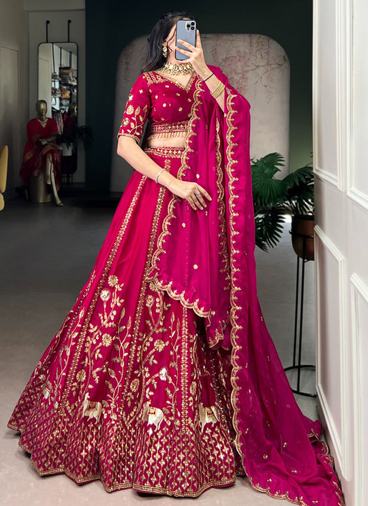 Natural Silk Cherry Bridal Wear Thread Embroidery Work Bridal Lehenga Choli 388390