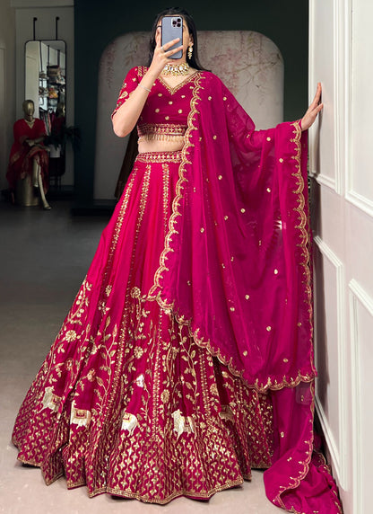 Natural Silk Cherry Bridal Wear Thread Embroidery Work Bridal Lehenga Choli 388390