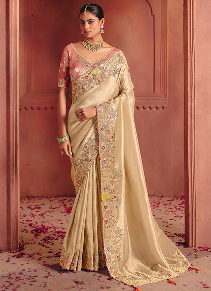 Chiku  Pure Smooth Zari Silk Embroidery Work Wedding Wear Saree SW141180