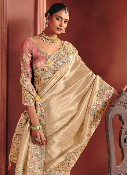 Chiku  Pure Smooth Zari Silk Embroidery Work Wedding Wear Saree SW141180