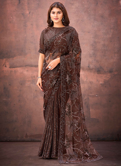 Jimmy Choo Chocolate Wedding Wear Bead Work Ready To Wear Saree 387525