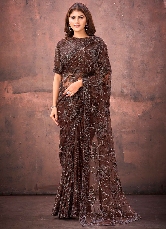 Jimmy Choo Chocolate Wedding Wear Bead Work Ready To Wear Saree 387525