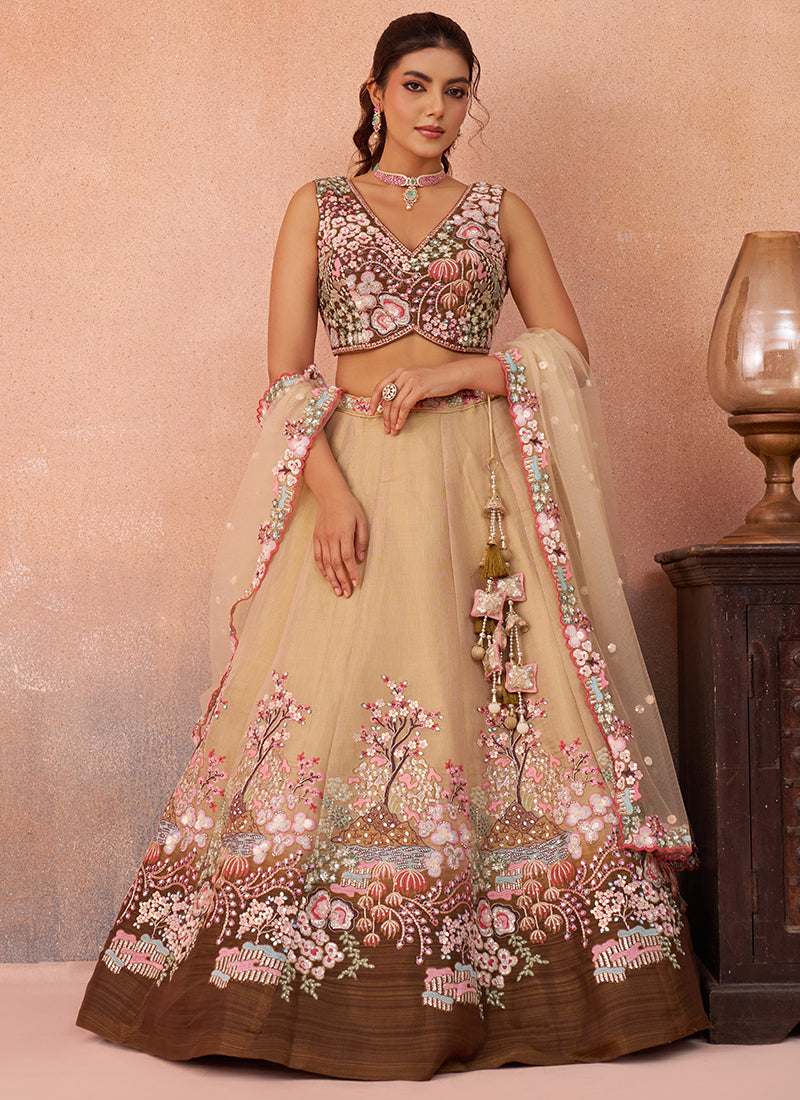 Coffee Net Sequins Work Occasional Wear Lehenga Choli SW246447