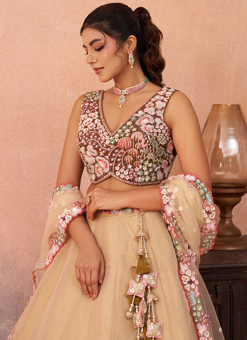 Coffee Net Sequins Work Occasional Wear Lehenga Choli SW246447