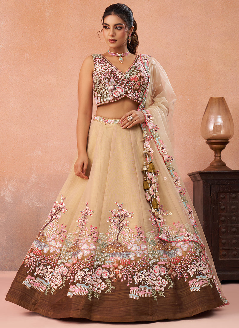 Coffee Net Sequins Work Occasional Wear Lehenga Choli SW246447
