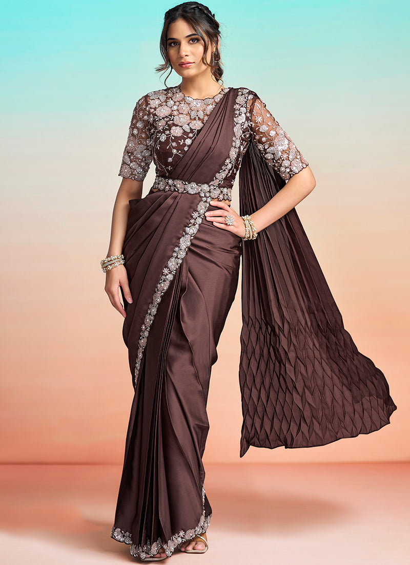 Coffee Satin Silk Embroidery Work Festival Wear Readymade Saree SW202428