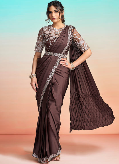 Coffee Satin Silk Embroidery Work Festival Wear Readymade Saree SW202428