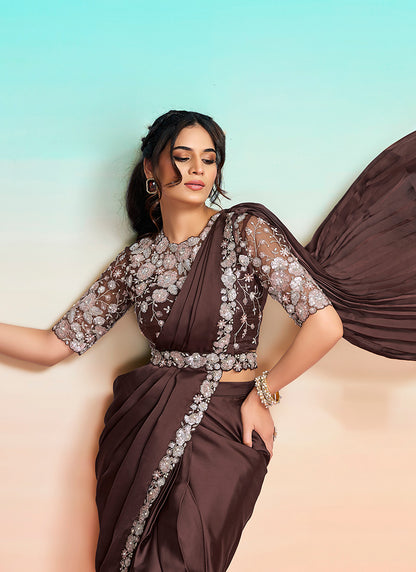 Coffee Satin Silk Embroidery Work Festival Wear Readymade Saree SW202428