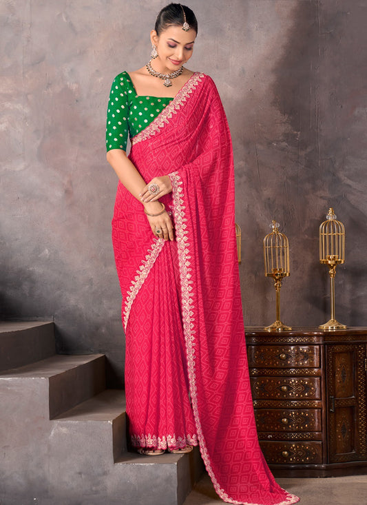 Georgette Coral Red Saree with Embroidery Work for Daily Wear 382818