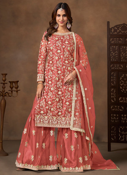 Coral Red Satin With Net Embroidery Work Designer Wear Sharara Suit SW207077