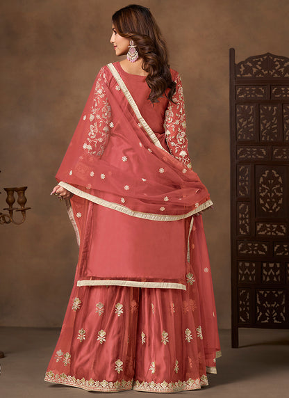 Coral Red Satin With Net Embroidery Work Designer Wear Sharara Suit SW207077