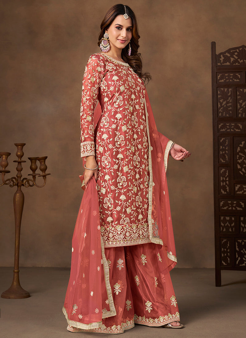 Coral Red Satin With Net Embroidery Work Designer Wear Sharara Suit SW207077