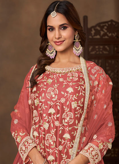 Coral Red Satin With Net Embroidery Work Designer Wear Sharara Suit SW207077