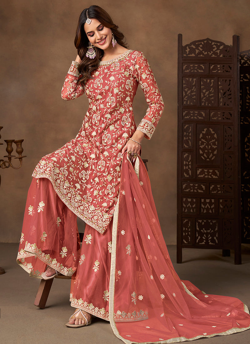 Coral Red Satin With Net Embroidery Work Designer Wear Sharara Suit SW207077