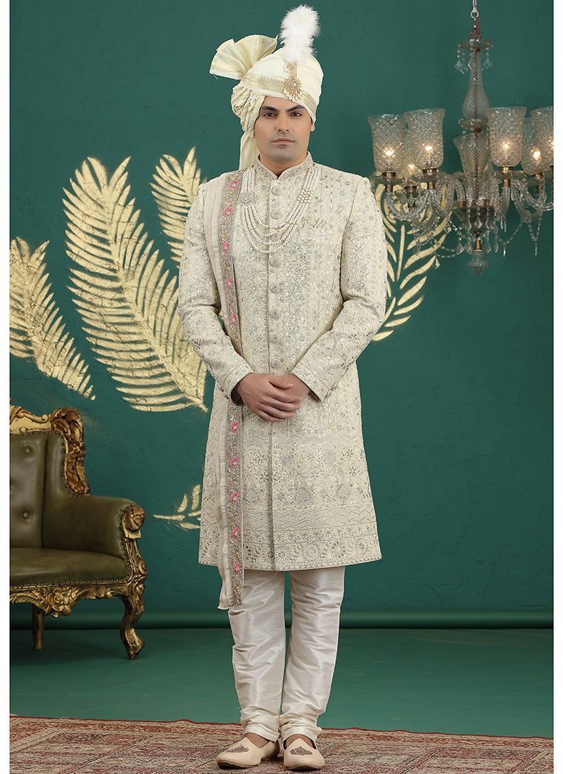 Art Silk Cream Groom Wear Thread Work Readymade Groom Sherwani 385475