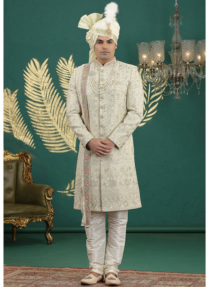 Art Silk Cream Groom Wear Thread Work Readymade Groom Sherwani 385475