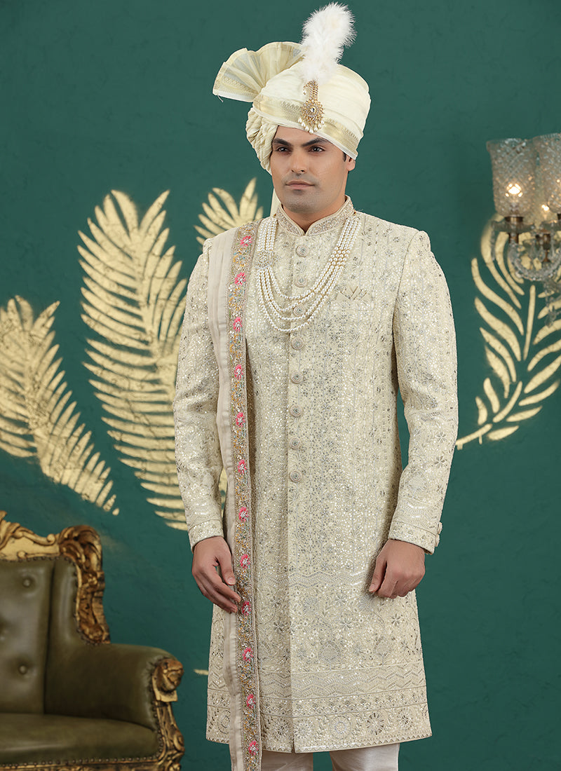Art Silk Cream Groom Wear Thread Work Readymade Groom Sherwani 385475
