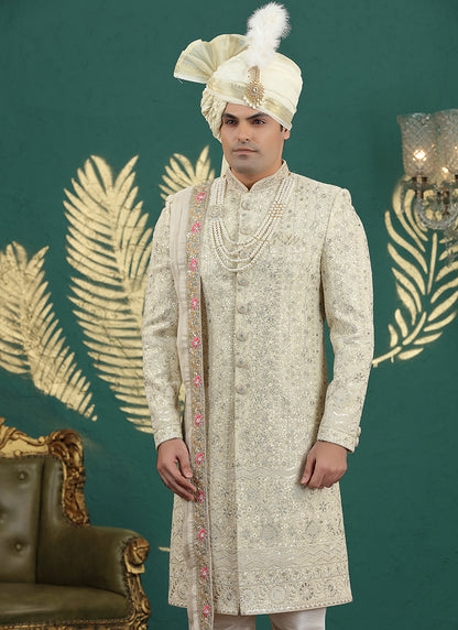 Art Silk Cream Groom Wear Thread Work Readymade Groom Sherwani 385475