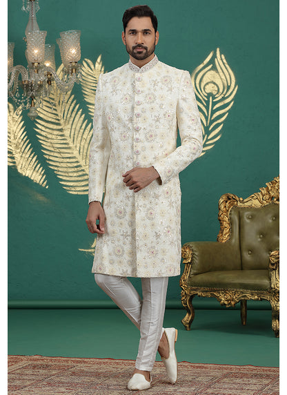 Art Silk Cream Groom Wear Thread Work Readymade Sherwani 385479