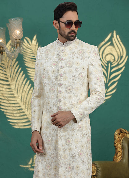 Art Silk Cream Groom Wear Thread Work Readymade Sherwani 385479