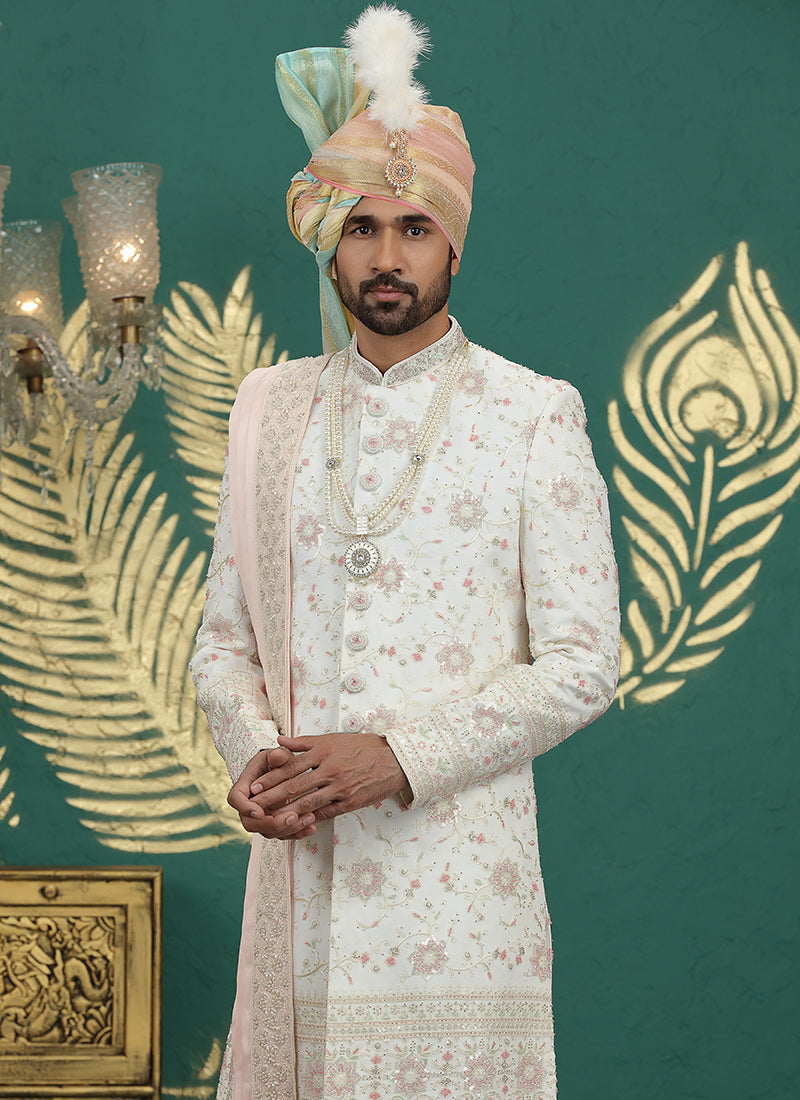 Art Silk Cream Groom Wear Thread Work Readymade Groom Sherwani 385480