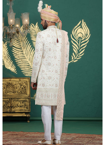 Art Silk Cream Groom Wear Thread Work Readymade Groom Sherwani 385480