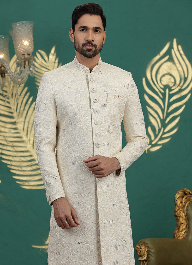 Art Silk Cream Groom Wear Thread Work Readymade Sherwani 385484