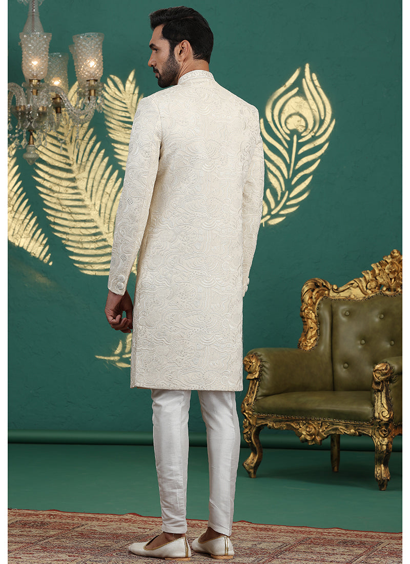 Art Silk Cream Groom Wear Thread Work Readymade Sherwani 385484