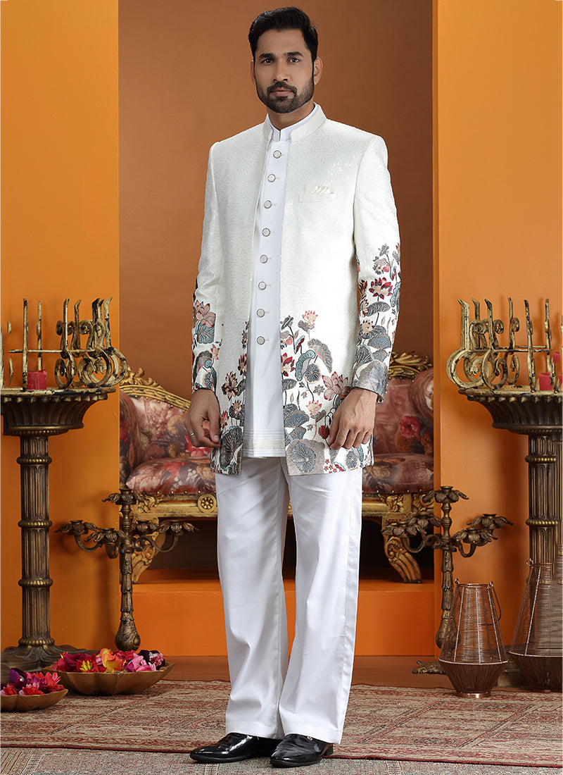 Art Silk Cream Party Wear Computer Thread Work Readymade IndoWestern Sherwani 387371