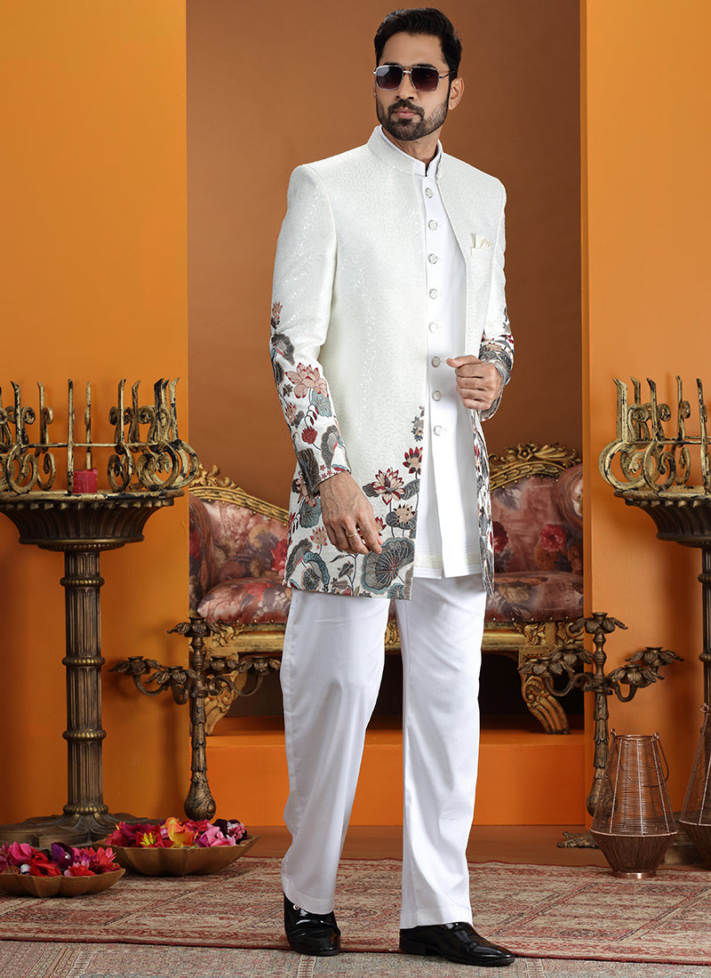 Art Silk Cream Party Wear Computer Thread Work Readymade IndoWestern Sherwani 387371