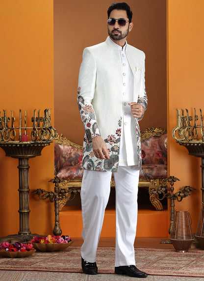 Art Silk Cream Party Wear Computer Thread Work Readymade IndoWestern Sherwani 387371