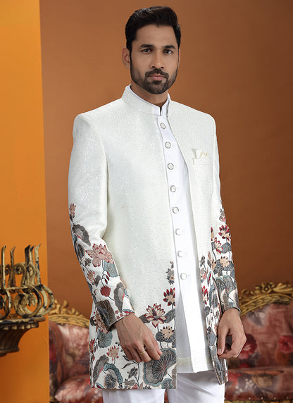 Art Silk Cream Party Wear Computer Thread Work Readymade IndoWestern Sherwani 387371