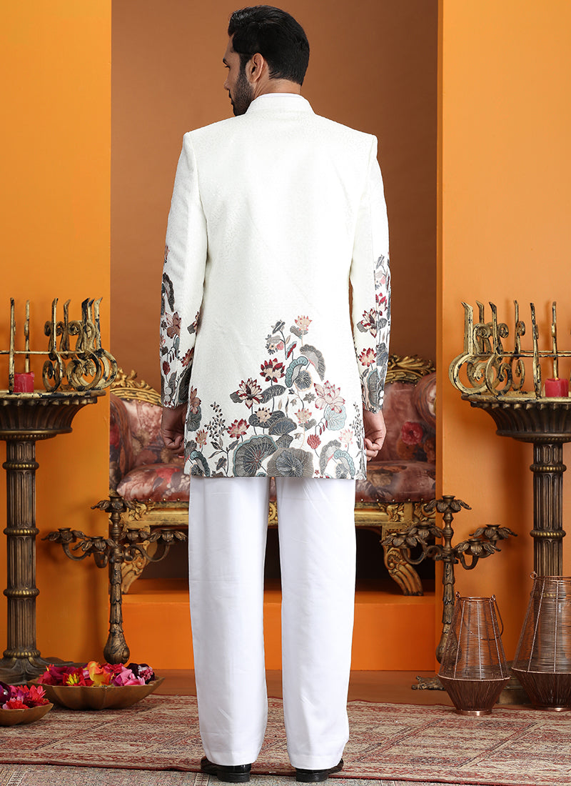 Art Silk Cream Party Wear Computer Thread Work Readymade IndoWestern Sherwani 387371