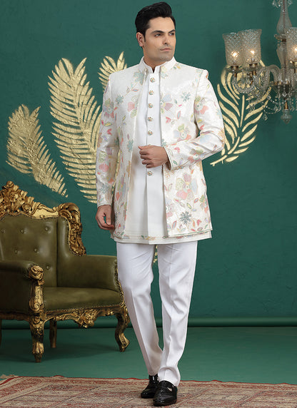 Art Silk Cream Party Wear Computer Thread Work Readymade IndoWestern Sherwani 387375