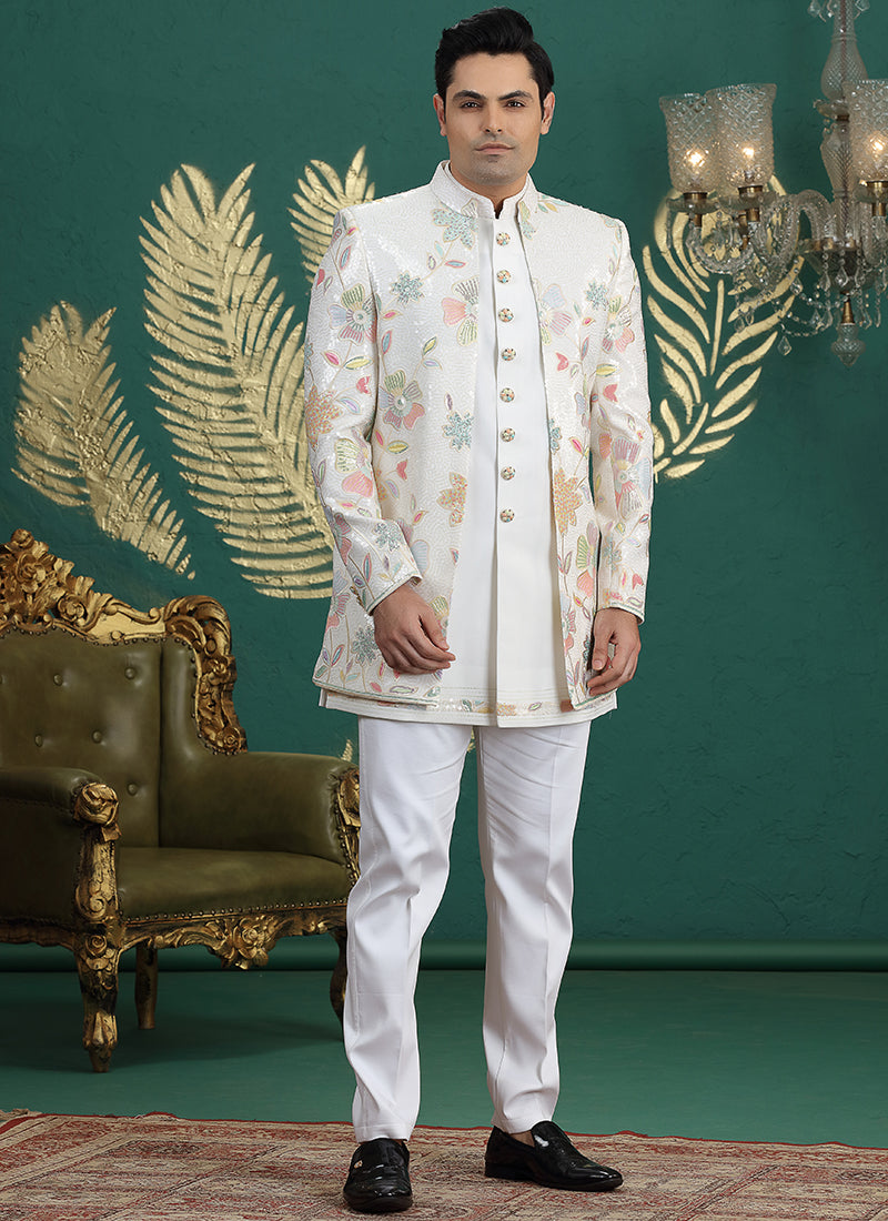 Art Silk Cream Party Wear Computer Thread Work Readymade IndoWestern Sherwani 387375