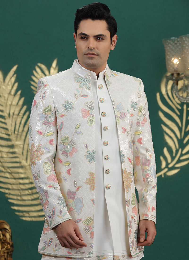 Art Silk Cream Party Wear Computer Thread Work Readymade IndoWestern Sherwani 387375