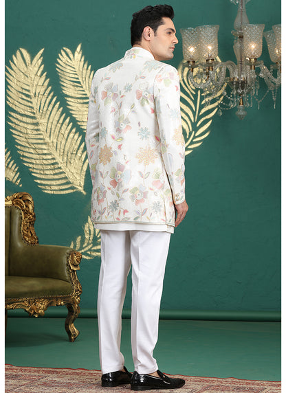 Art Silk Cream Party Wear Computer Thread Work Readymade IndoWestern Sherwani 387375